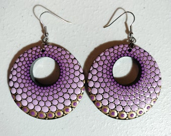 Large Round Earrings with Hole / Lightweight Dangle Earrings / Hand Painted /Purple and Gold Earrings / Mandala Art Earrings / Wearable Art