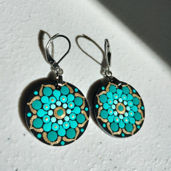 Round Teal Earrings Dangle Earrings Stainless Steel Earrings