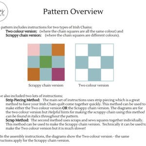 May include: A quilt pattern overview document titled Pattern Overview by Joz Makes Quilts. It displays two grid diagrams: a Scrappy chain version with multi-colored squares and a Two colour version with blue and white squares, plus text.