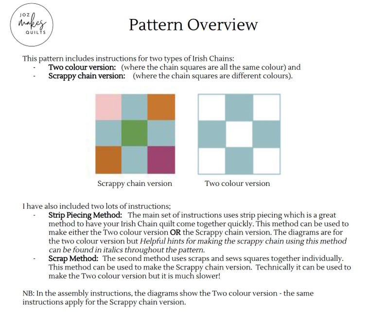 May include: A quilt pattern overview document titled Pattern Overview by Joz Makes Quilts. It displays two grid diagrams: a Scrappy chain version with multi-colored squares and a Two colour version with blue and white squares, plus text.