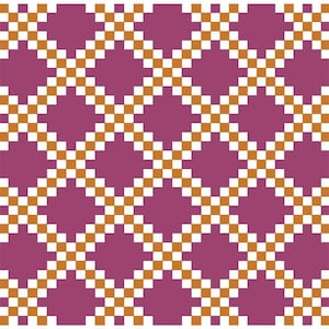 May include: A repeating geometric pattern featuring large magenta diamond shapes outlined by a grid of small white and orange squares. The design creates a structured, symmetrical lattice effect across the entire surface of the square image.