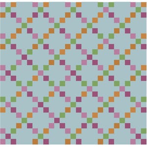 May include: A repeating geometric pattern featuring a light blue background overlaid with a grid of small squares in shades of lime green, orange, and magenta. The squares are arranged in diagonal lines that intersect to form a diamond lattice design.