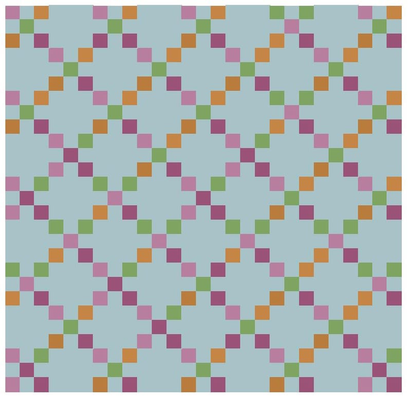 May include: A repeating geometric pattern featuring a light blue background overlaid with a grid of small squares in shades of lime green, orange, and magenta. The squares are arranged in diagonal lines that intersect to form a diamond lattice design.