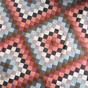 Könnte beinhalten: Ein Steppdecke mit einem sich wiederholenden geometrischen Muster aus kleinen Quadraten in den Farben Altrosa, Hellblau, Braun, Weiß und Dunkelgrau. Der Stoff ist in einem Raster angeordnet, das eine Reihe verbundener Kreis- und Rautenformen bildet.