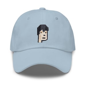 May include: A light blue baseball cap with an embroidered pixelated image of a person's face.