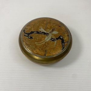 Vintage Brass Enamel Trinket Box – Asian Bird & Floral Design – Hand Painted Lacquered Lid – Decorative Jewelry or Keepsake Box