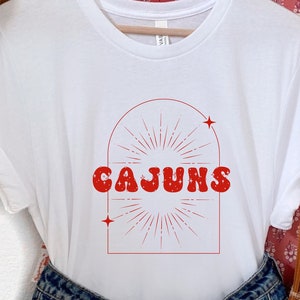 Celestial Ragin Cajuns Tee | Retro Geaux Louisiana Sports T-shirt | Women's Vintage Aesthetic LA Team Red and White Fan Shirt