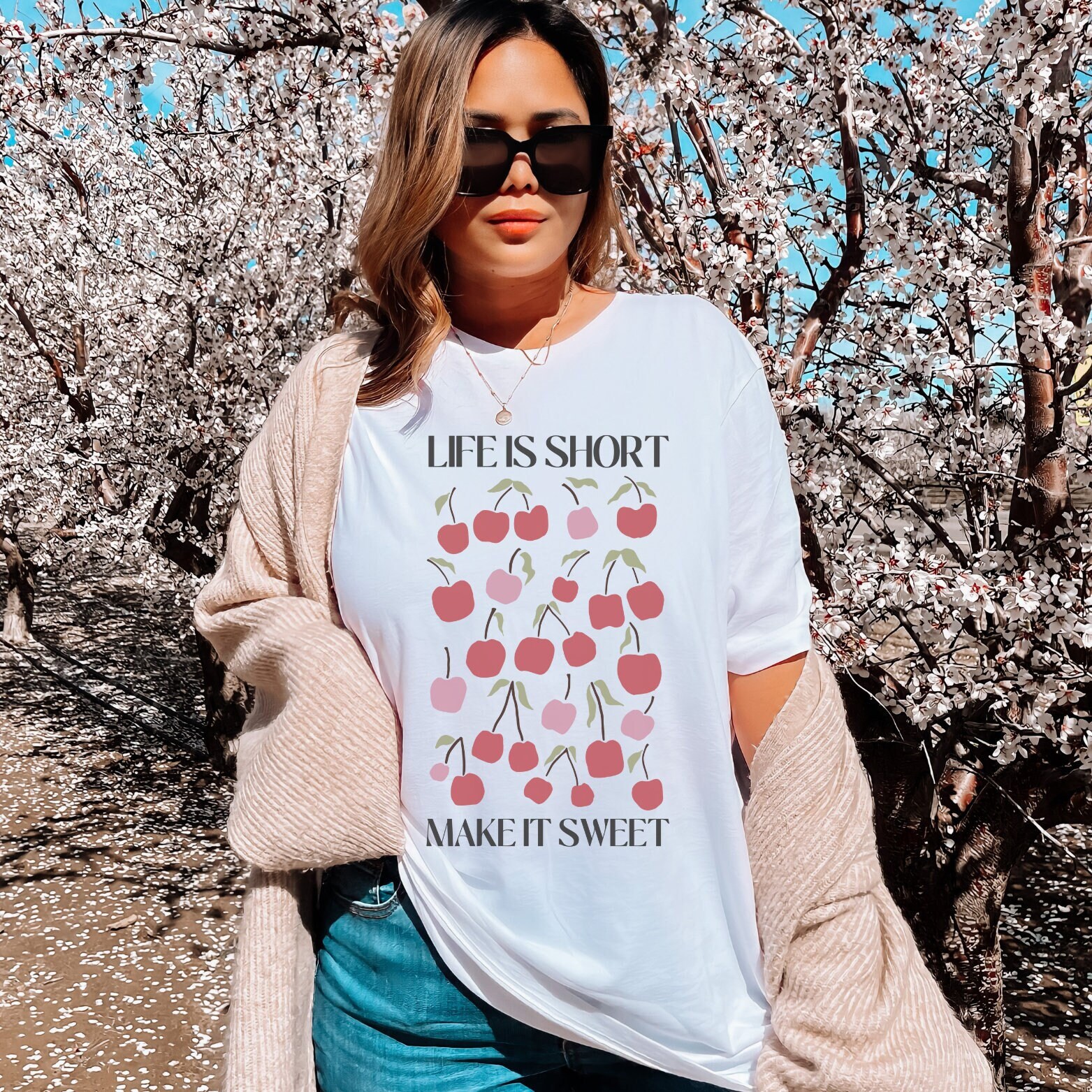 Life is Short & Sweet Tee | Cherry Retro Graphic Positivity T-Shirt