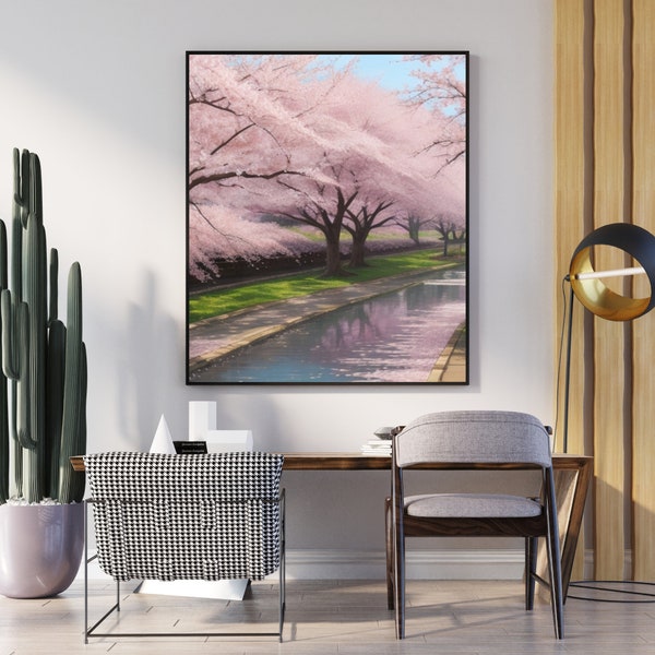 River Side With Cherry Blossoms Art, Full Bloom Art, Serene Landscapes, Landscape Gallery Wall Set, Natural Wall Art, Wall Art