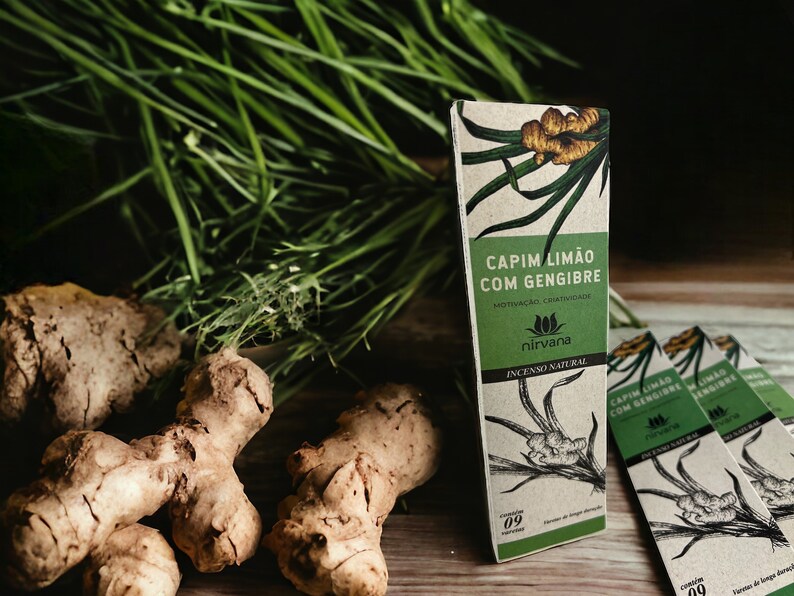 May include: A pack of natural incense sticks with a green and brown label. The label features a drawing of lemongrass and ginger with the text "CAPIM LIM&Atilde;O COM GENGIBRE" and "MOTIVA&Ccedil;&Atilde;O CRIATIVIDADE". The label also includes the brand name "nirvana" and the text "INCENSO NATURAL".
