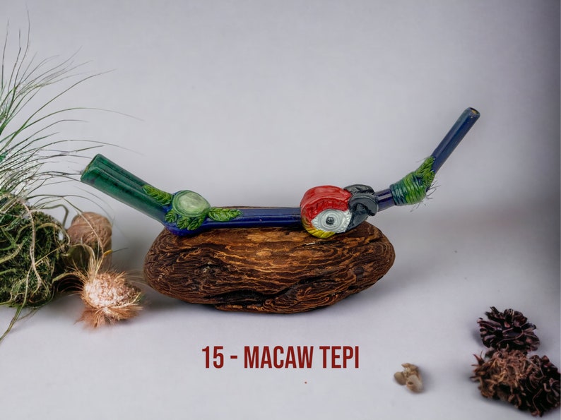 May include: A blue and green glass pipe with a macaw design. The pipe is resting on a piece of driftwood. 15 - MACAW TEPI