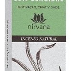 May include: A box of natural incense sticks with a green and white design. The box features a drawing of ginger and lemongrass, and the text "Capim Lim&atilde;o com Gengibre" and "Nirvana Incenso Natural". The box contains 9 sticks.