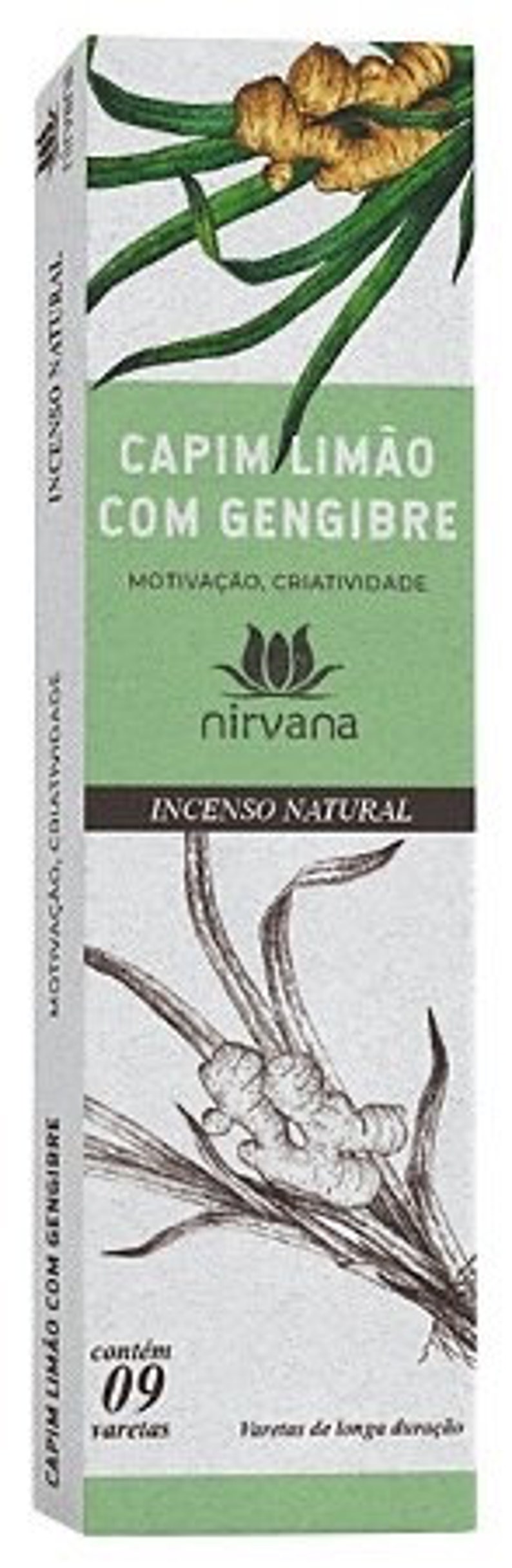 May include: A box of natural incense sticks with a green and white design. The box features a drawing of ginger and lemongrass, and the text "Capim Lim&atilde;o com Gengibre" and "Nirvana Incenso Natural". The box contains 9 sticks.