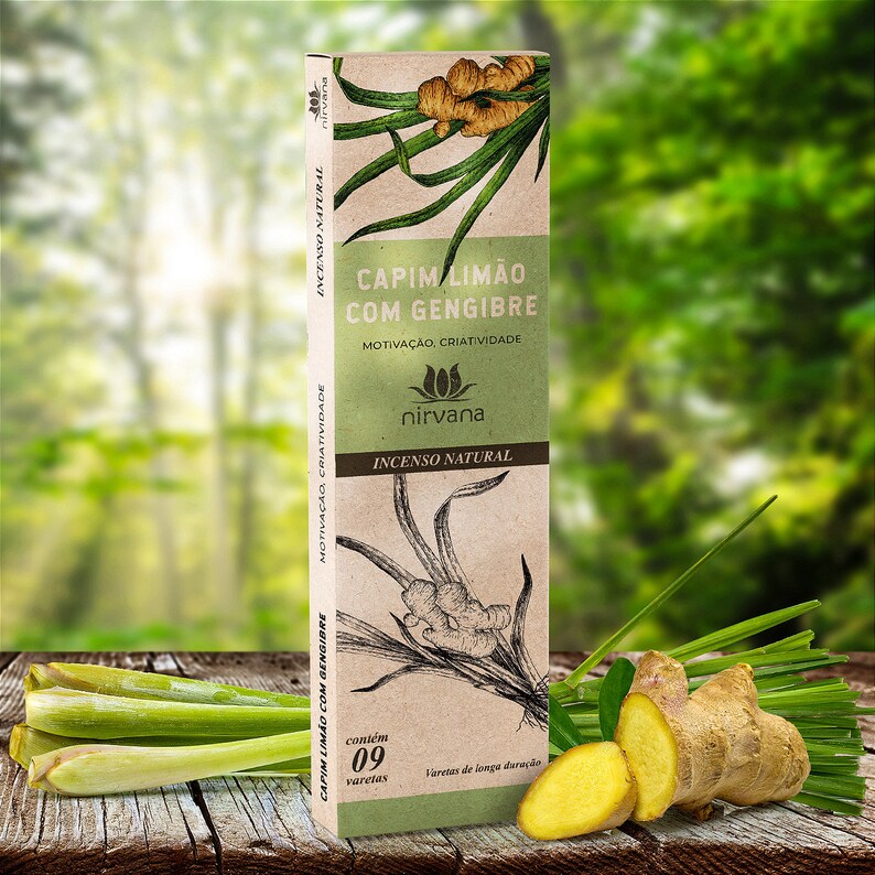 May include: A brown cardboard box with a green and brown illustration of lemongrass and ginger. The box contains 9 incense sticks and is labeled "Capim Lim&atilde;o com Gengibre" (Lemongrass with Ginger) and "Nirvana Incense Natural".