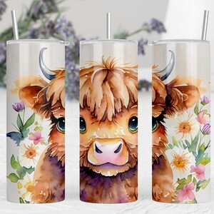 Watercolor Baby Highland Cow Floral 20 oz Skinny Tumbler Sublimation Design | Cow Tumbler Design | Digital Wrap PNG | Digital Product