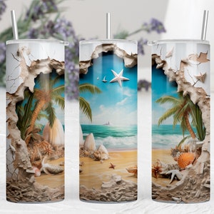 3D Cracked Wall Beach Sea Shells 20 oz Skinny Tumbler Sublimation Design | Island Ocean Beach Straight Wrap | Wrap PNG | Digital Product