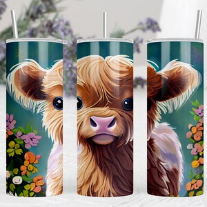Watercolor Baby Highland Cow Floral 20 oz Skinny Tumbler Sublimation Design | Cow Tumbler Design | Digital Wrap PNG | Digital Product