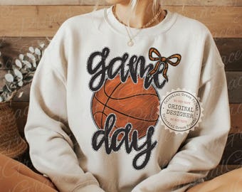 Game Day PNG • Faux Glitter Basketball PNG • Preppy Coquette Sports Bow Digital Download • Retro Game Day Shirt Design