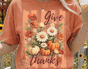 Give Thanks Fall Coquette Bow Png, Trendy Floral Stripes Autumn Thanksgiving Design, Girly Fall Graphic, Preppy Fall Aesthetic ORIGINAL
