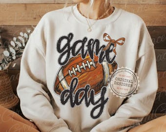 Game Day PNG • Faux Glitter Football PNG • Preppy Coquette Sports Bow Digital Download • Retro Game Day Shirt Design