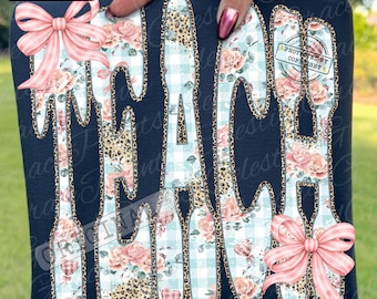 Floral Vichy enseigner PNG, coquette noeud professeur conception, preppy léopard enseigner conception Png ORIGINAL