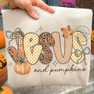Jesus and Pumpkins Christian Fall PNG, Pumpkin Patch Faith PNG, Leopard Autumn Thanksgiving Design Checkered Polka Dot Fall Graphic ORIGINAL