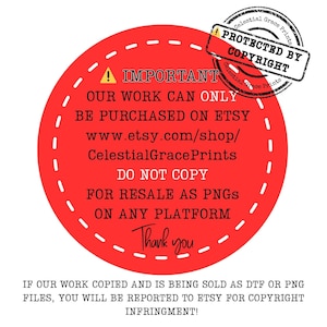 Peut inclure: Un graphique circulaire rouge avec des lignes en pointill&eacute;s blancs et du texte. Le texte comprend "IMPORTANT", "NOTRE TRAVAIL NE PEUT &Ecirc;TRE ACHET&Eacute; QUE SUR ETSY" et "NE PAS COPIER". Un tampon indique "PROT&Eacute;G&Eacute; PAR LE COPYRIGHT".