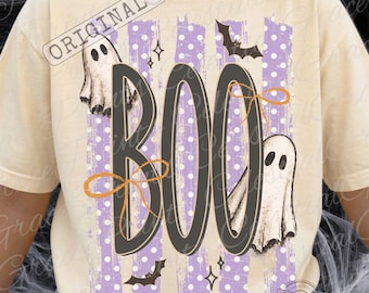 BOO Spooky Striped Halloween Ghost PNG, Coquette Halloween Shirt Design, Trendy Fall Ghost Sublimation Png ORIGINAL Do Not Copy