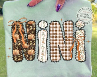 Preppy Autumn Gigi Mama Mimi Nana Nini Coquette PNG Bundle, Fall Gigi Girly Gingham PNG Design Download