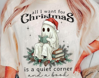 Bookish Geist Weihnachten PNG • Lese Geist Urlaub Design • Gemütliche Weihnachtsbuch Liebhaber Digital Download