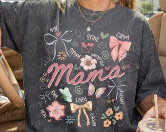 Preppy Mother's Day Mama Coquette PNG • Mama Floral PNG Design • Mama Bow Doodle Digital Download Sublimation Design