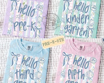 Back To School Hello First Grade PNG Bundle | Trendy Stripes Teacher Or Student First Day Of School Floral PNG | Digital Download ORIGINAL