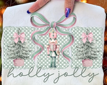 Holly Jolly Sage/Pink Preppy Christmas Nutcracker PNG • Coquette Bow Holiday Design • Cute Girly Xmas Pastel Watercolor Design for Shirts
