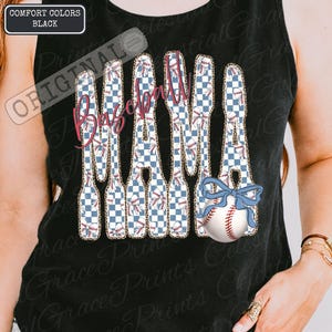 May include: Black tank top with the words "Baseball Mama" in a pink script font. The letters are designed with a blue and white checkered pattern and baseball bat shapes. A baseball with a blue bow is also featured.