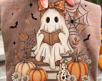 Preppy Fall Reading Ghost PNG • Coquette Spooky Book Lover Digital Download • Autumn Halloween Sublimation Clipart Design