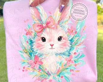 Painted Easter Bunny PNG, Coquette Spring Preppy Bunny, Brushstroke Floral Design, Pastel Bow Aesthetic, Digital Easter Clipart