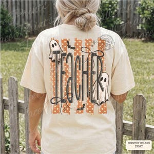 Fantasma de profesor de Halloween PNG, Diseño de camiseta de profesora espeluznante coqueta PNG, Sublimación de profesora fantasma a rayas ORIGINAL No copiar imagen 5