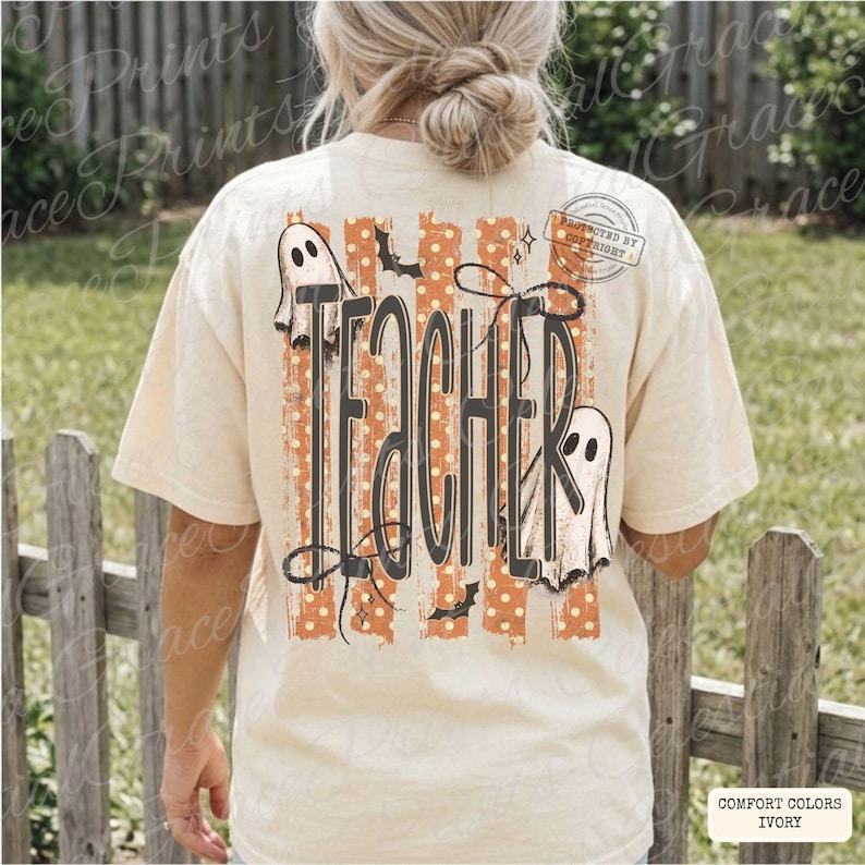 Fantasma de profesor de Halloween PNG, Diseño de camiseta de profesora espeluznante coqueta PNG, Sublimación de profesora fantasma a rayas ORIGINAL No copiar imagen 5