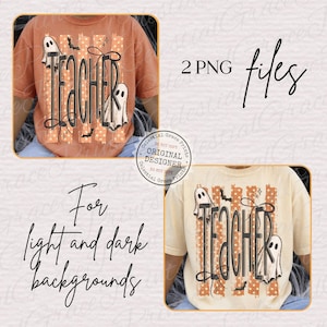 Puede incluir: Un dise&ntilde;o de camiseta de manga corta con la palabra TEACHER en letras negras, rodeada de ilustraciones de fantasmas blancos, peque&ntilde;os murci&eacute;lagos negros y rayas verticales naranjas con lunares blancos sobre camisetas naranjas y crema.