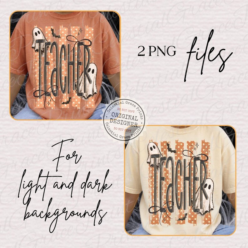 Puede incluir: Un dise&ntilde;o de camiseta de manga corta con la palabra TEACHER en letras negras, rodeada de ilustraciones de fantasmas blancos, peque&ntilde;os murci&eacute;lagos negros y rayas verticales naranjas con lunares blancos sobre camisetas naranjas y crema.