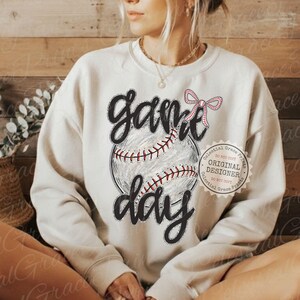 Game Day PNG • Faux Glitter Baseball PNG • Preppy Coquette Sports Bow Digital Download • Retro Game Day Shirt Design