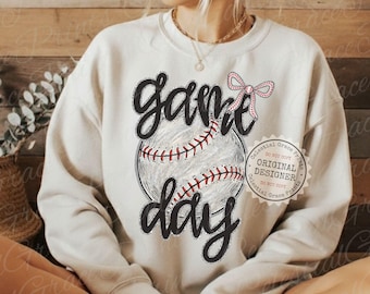 Game Day PNG • Faux Glitter Baseball PNG • Preppy Coquette Sports Bow Digital Download • Retro Game Day Shirt Design