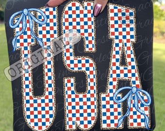 USA Retro Checkered 250th Anniversary png, Patriotic Coquette Bow Design, America 1776-2026, Independence Day USA ORIGINAL