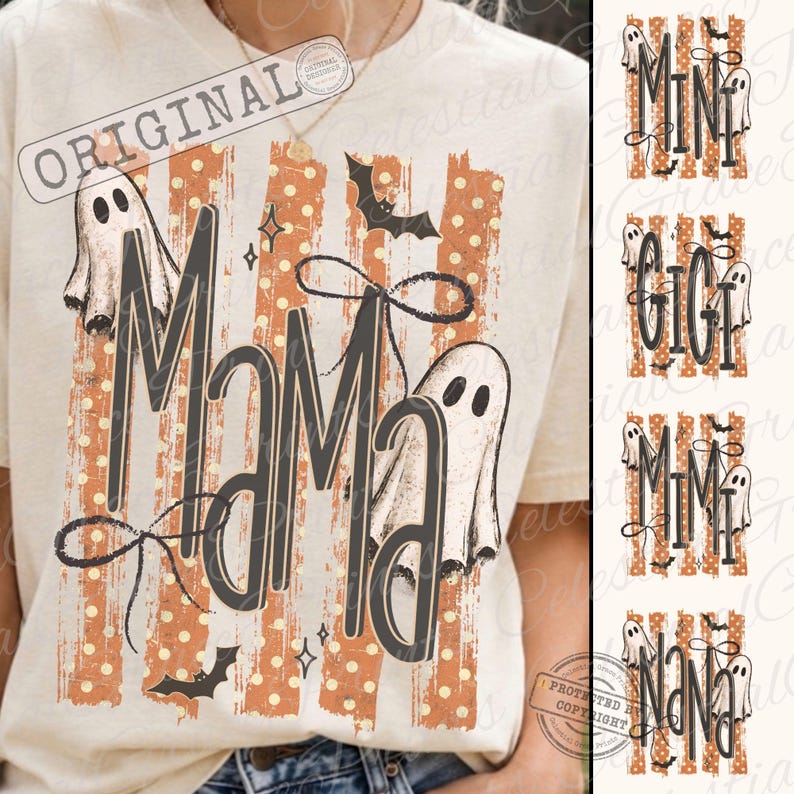 May include: A cream-colored t-shirt featuring a graphic with the text MAMA in large dark letters. The design includes orange vertical stripes with white polka dots, two white ghost illustrations, black bats, and a thin black bow graphic.