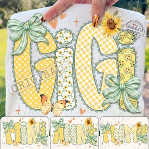 May include: A white t-shirt featuring the name "GIGI" in large, decorative letters. The letters are adorned with yellow polka dots, gingham, and sunflower patterns, accented with green bows and a butterfly. The word "ORIGINAL" is stamped on the shirt.