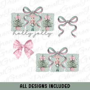 May include: Digital Christmas designs with a pink and green colour scheme. Includes bows, Christmas trees, a nutcracker, and the text "holly jolly". The phrase "ALL DESIGNS INCLUDED" is also present.