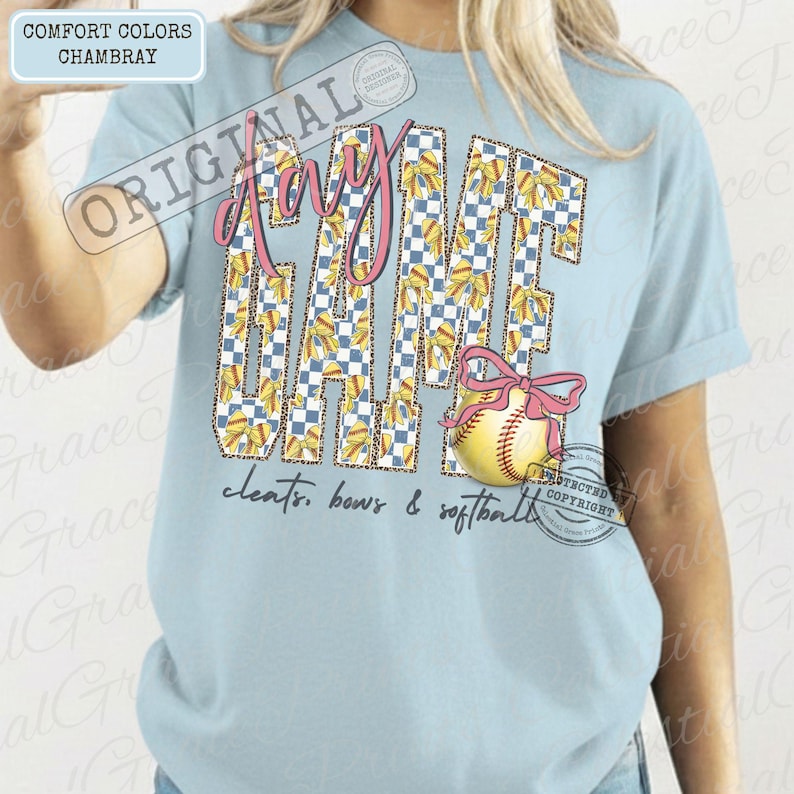 May include: Light blue t-shirt with the words "GAME DAY" in a checkered pattern with yellow bows. A softball with a pink bow is on the right. The text "cleats, bows & softball" is below the main text.