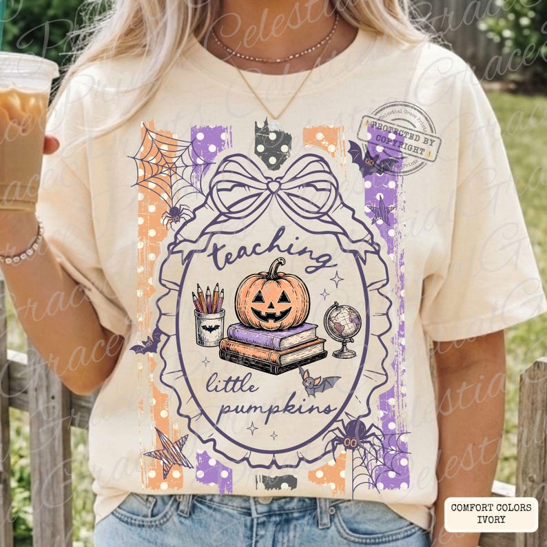 Lärande små pumpor Halloween-lärare PNG-design, kuslig lärare randig PNG, kokett höst digital nedladdning ORIGINAL Kopiera inte bild 8
