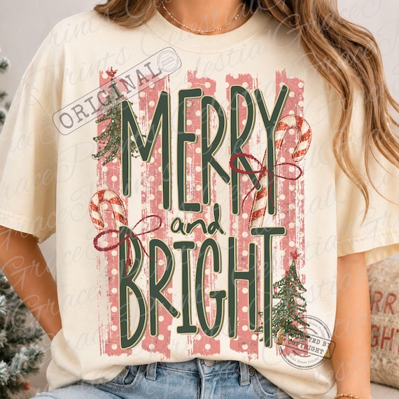 Merry And Bright Trendy Stripes Christmas Tree PNG, Christmas PNG, Pink  Polkadot Tree Png, Holiday Shirt Design Preppy ORIGINAL Do Not Copy