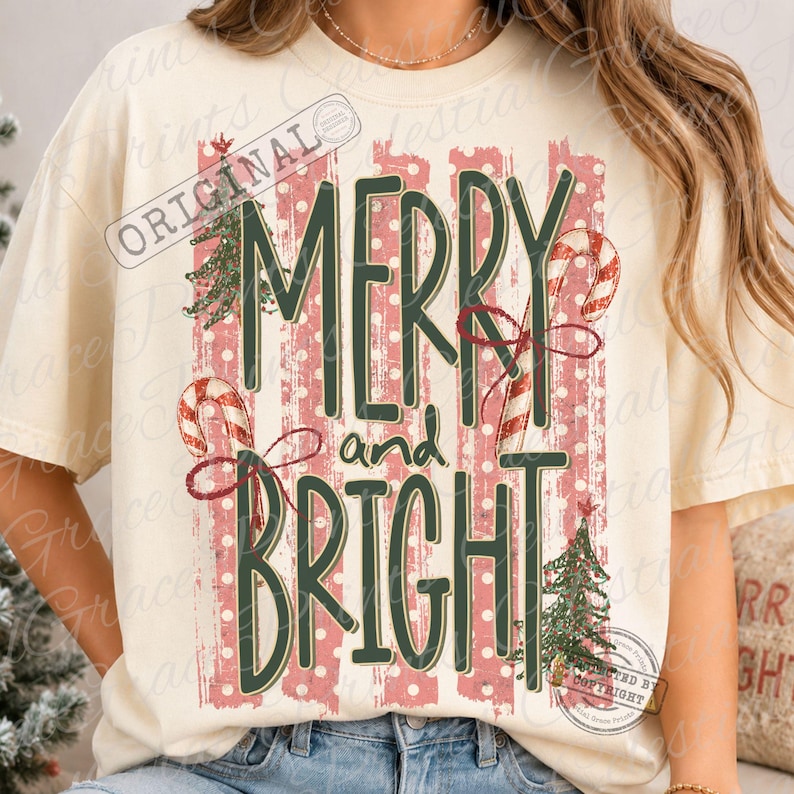 Merry And Bright Trendy Stripes Christmas Tree PNG, Christmas PNG, Pink Polkadot Tree Png, Holiday Shirt Design Preppy ORIGINAL Do Not Copy image 1